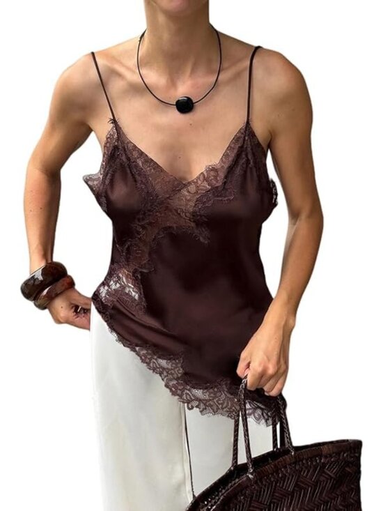Tops - Women Satin Lace Trim Camisole Tank Top Sleeveless Side Split Going Out